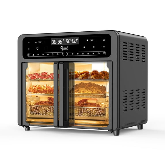 PwZzk 25.4QT Dual Zone Air Fryer Toaster Oven Combo, French Glass Door, XL Capacity, 100-430°F Temperature Range, 16 Preset Functions, LED Display, Dual Fan, 360° Heat Circulation, Rotisserie, Bake,