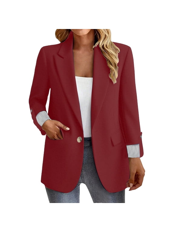 2025 Blazers for Women Business Casual Long Sleeve Lapel Open Front Suit Jacket Work Blazer with Pockets Women's Fashion Casual Button Business Slim Fit Three Quarter Sleeve Rolled Edge Red L