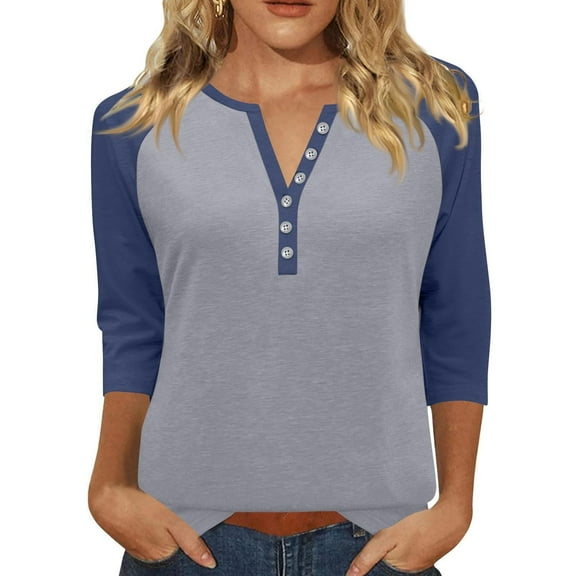 Pxiakgy 3/4 Length Sleeve Womens Tops Cotton Dressy Button V Neck Henley Shirt Casual Raglan Shirts Color Block Tunic Blouses Loose Fit Three Quarter Sleeve Tops Woman Printed V Neck T Shirt Navy L