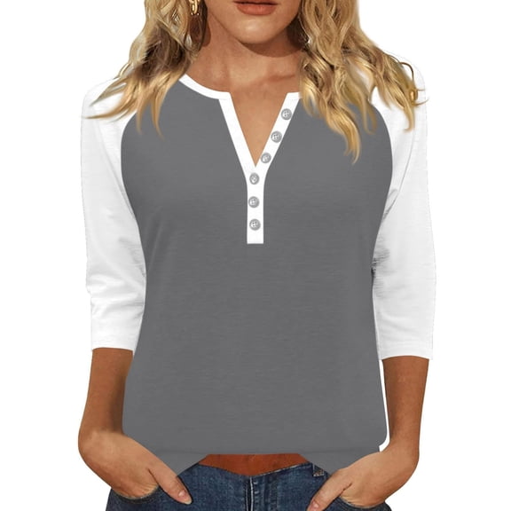 Pxiakgy 3/4 Length Sleeve Womens Tops Cotton Dressy Button V Neck Henley Shirt Casual Raglan Shirts Color Block Tunic Blouses Loose Fit Three Quarter Sleeve Tops Woman Printed T Shirt Dark Grey Xl