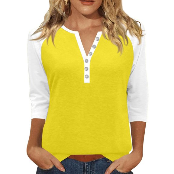 Pxiakgy 3/4 Length Sleeve Womens Tops Cotton Dressy Button V Neck Henley Shirt Casual Raglan Shirts Color Block Tunic Blouses Loose Fit Three Quarter Sleeve Tops Woman Printed V Neck T Shirt Yellow S