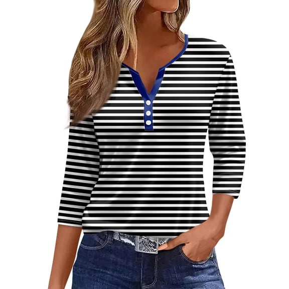 Pxiakgy 3/4 Sleeve Shirts for Women Summer Tops Cute V Neck Shirts Blouses Loose Fit Graphic Tees Spring Striped V Neck Business Casual Tops Loose Three Quarter Length Work Blouses Black L