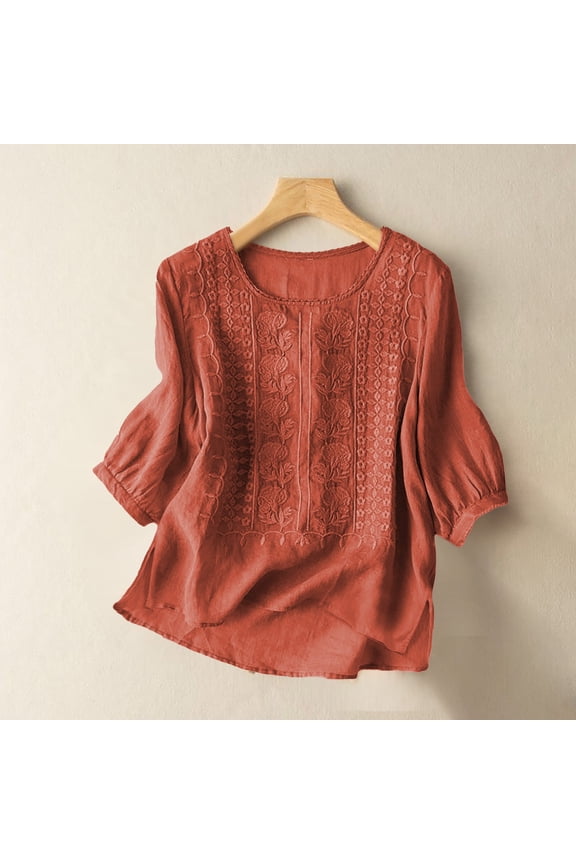 3/4 Sleeve Tops for Women Boho Shirts Summer Spring Blouses Peasant Tops Summer Tops for Women Summer Gauze Shirts Retro Embroidered 3/4 Sleeve Boho Tops Cotton Linen Tops Summer Tshirts 2XL