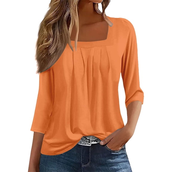 Pxiakgy 3/4 Sleeve Tops for Women Square Neck for Ladies A Pleated Loose and Flowing Three Quarter Sleeve Top Pleated Square Neck Blouses Dressy Casual Fall Tunic Tops Basic Trendy Clothes Orange L