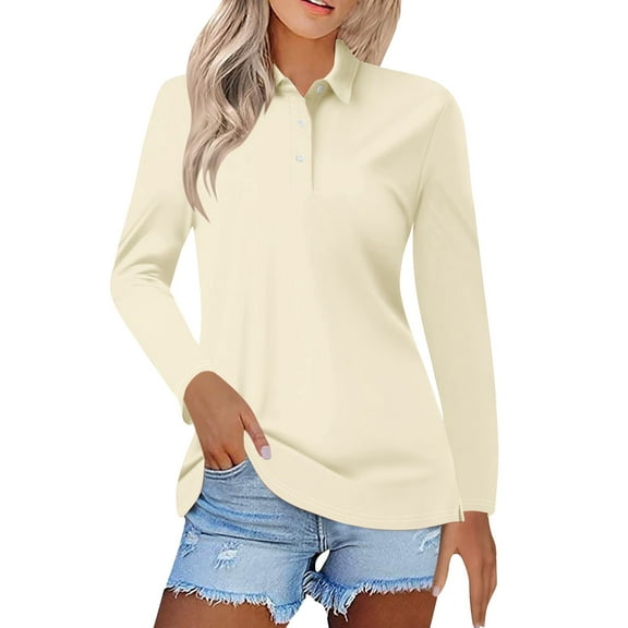 Pxiakgy Women's Polo Shirts Cotton 3-Button Long Sleeve Collared Tops Summer Cool Shirt Uniform Casual Shirts Women's Short Sleeved Slim Casual Fashion Top Beige L