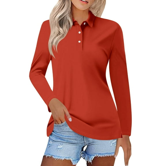 Pxiakgy Women's Polo Shirts Cotton 3-Button Long Sleeve Collared Tops Summer Cool Shirt Uniform Casual Shirts Women's Short Sleeved Slim Casual Fashion Top Orange 3Xl