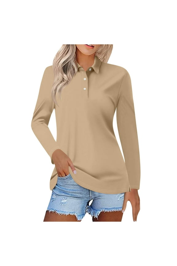Women's Polo Shirts Cotton 3-Button Long Sleeve Collared Tops Summer Cool Shirt Uniform Casual Shirts Women's Short Sleeved Slim Fit Casual Fashion Top Beige L