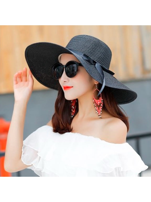Beach Hats for Women Big Straw Wide Brim Summer Hat Floppy Foldable Roll Up Cap Sun Hat Upf 50+ Beach Hat Vacation Women Big Brim Hat Sun Floppy Wide Brim Hats Bowknot Folding Beach Cap