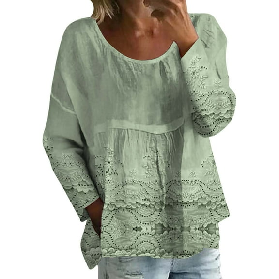 Pxiakgy Boho Floral Tops Summer Peasant Blouses for Women Retro Casual 3/4 Sleeve Gauze Cotton Shirts Cute Loose Fit Tunics New Solid Color Long Sleeved T Shirt Loose Large Size T Shirt Green 3Xl