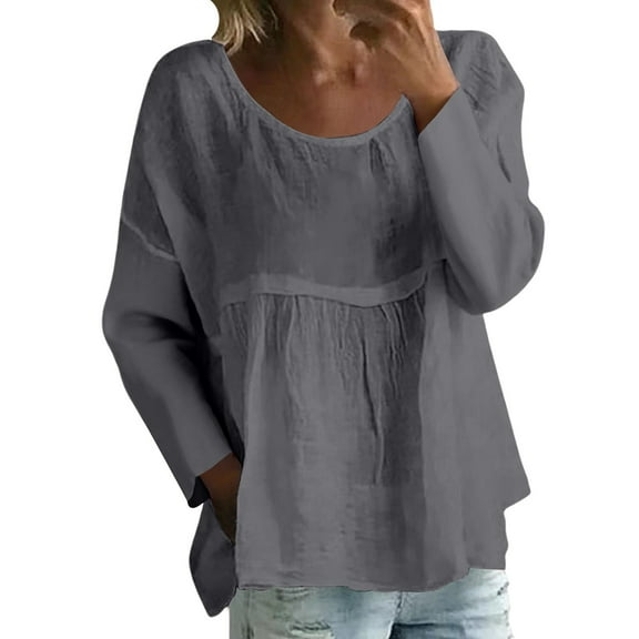 Pxiakgy Boho Peasant Tops for Women Gauze Cotton 3/4 Sleeve Loose Fit Floral Embroidered Blouses Grandmas Chic Clothing New Solid Color Long Sleeved T Shirt Loose Large Size T Shirt Dark Grey M