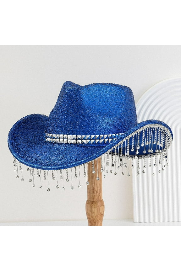 Bridal Cowgirl Hat for Bachelorette Party,Rhinestone White Cowboy Hat for Women Bride To Be Gift,Halloween Costume Fashionable Cowboy Hats Music and Dance Elegant Hats Blue