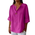 thumbnail image 1 of Pxiakgy Button Down Shirts for Women Linen Shirt for Women Summer Cotton and Linen V Neck 3/4 Sleeve Top Loose Holiday Beach Shirt Top Basic Solid Tunic Tops 2025 Purple Xl, 1 of 7