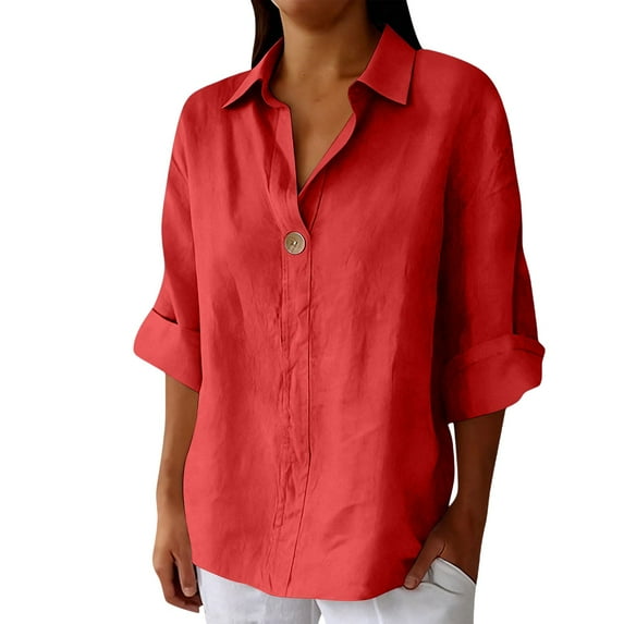 Pxiakgy Button Down Shirts for Women Oversized Tshirts 3/4 Length Sleeve Womens Tops Loose Fit Blouses Roll Up Sleeve Shirt Dress Shirts Summer Tops for Women Henley Tops Lightweight Shirt Red L