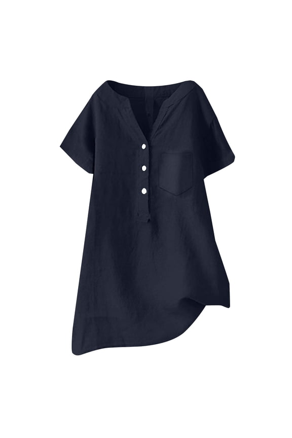 Button Down Shirts for Womens Linen Blouse Summer Beach Short Sleeve V Neck Down Top Casual Loose Shirt 2025 Short Sleeve Linen Cotton Collared Button Up Casual Blouses Oversized Tops Navy L
