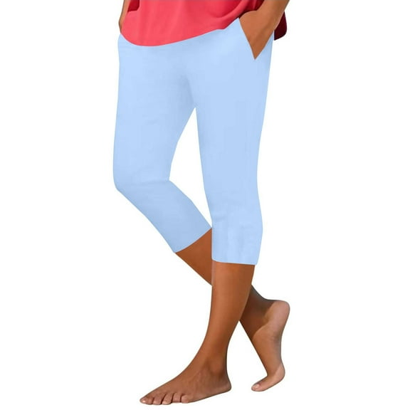 Pxiakgy Capri Leggings for Women Sports Short Plain Leggings Elastic Waist Yoga Trousers Casual Slim Fit Running High Waisted Yoga Pants Stretch Tummy Control Leggings for Cycling Workout Light Blue S