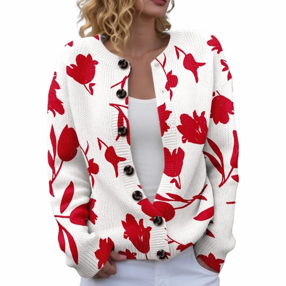 Pxiakgy Cardigan for Women Knit Coat Fall Winter Knitted Outerwear Women's Open Front Cardigans Cute Flower Print Sweaters Crew Neck Button Down Trendy Fall Tops Coat Red M