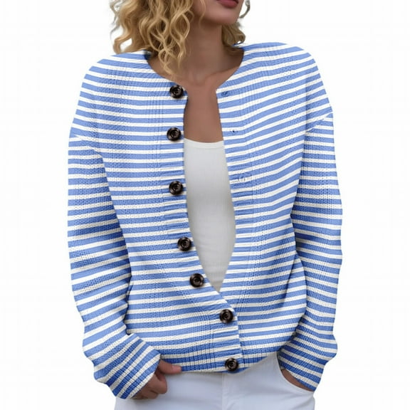 Pxiakgy Cardigan for Women Knit Coat Fall Winter Knitted Outerwear Women's Open Front Cardigans Cute Flower Print Sweaters Crew Neck Button Down Trendy Fall Tops Coat Light Blue L