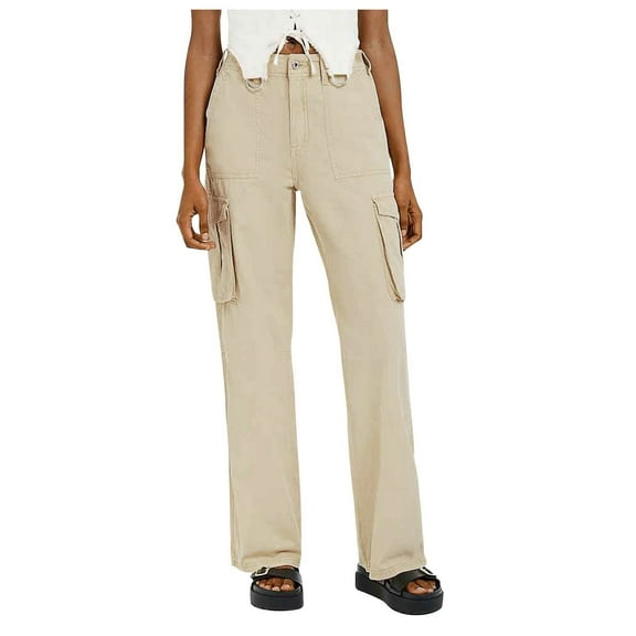 Pxiakgy Cargo Pants for Women Adjustable Straight Cargo Pants High Waist Baggy Hiking Pants with Pocket Wide Leg Parachute Pants Baggy Wide Leg Pants Streetwear Y2K Trousers Beige S