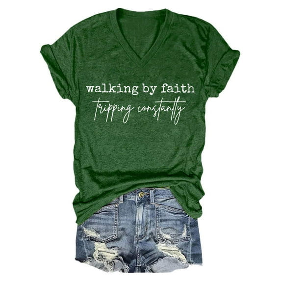 Pxiakgy Christian Shirts for Women Women's Walking By Faith Tripping Constantly Print T Shirt Casual V Neck T Shirt Funny Christian Faith Bible T-Shirt Uni Casual Basic T-Shirts Blouses Green M