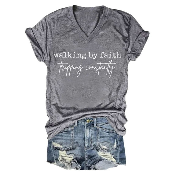 Pxiakgy Christian Shirts for Women Women's Walking By Faith Tripping Constantly Print T Shirt Casual V Neck T Shirt Funny Christian Faith Bible T-Shirt Uni Casual Basic T-Shirts Blouses Grey Xxl