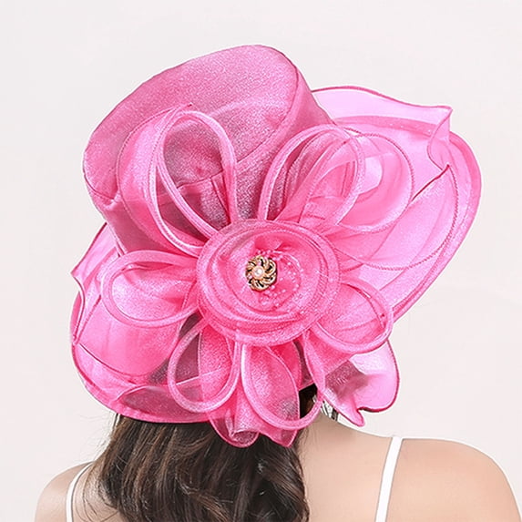 Pxiakgy Clearance Sale!! Derby Hats for Women Flower Wide Brim Sun Hat Fascinators Big Wide Brim Fedoras Sun Visor Cap Women's Floral Mesh Hat Sunshade Beach Hat Sun Block Hat Hot Pink One Size