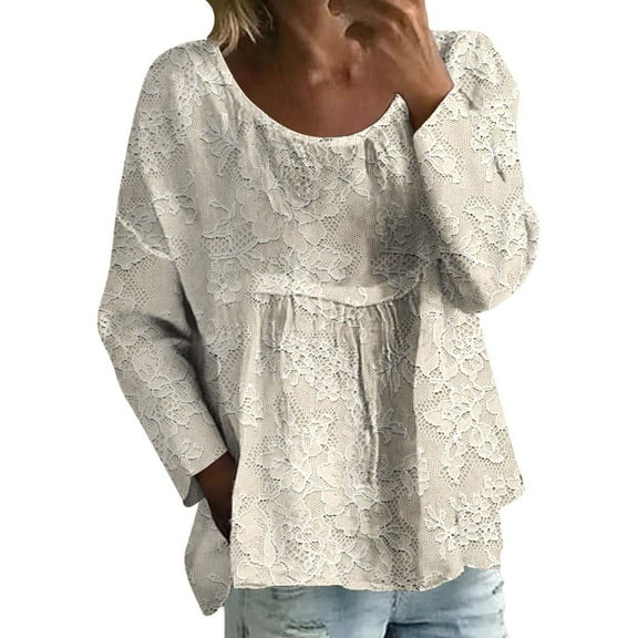 Pxiakgy Cotton Lien Shirts for Women,3/4 Sleeve Button Crewneck T-Shirts 2025 Fall Trendy Floral Printed Basic Tee Tops New Printed Long Sleeved T Shirt Loose Large Size Long Sleeved T Shirt Beige 3Xl