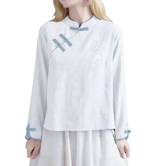 Pxiakgy Cotton Linen Shirts for Women Bohemian Tops Mexican Shirts Dressy Casual Blouses Loose Fit Blouses Retro Embroidered 3/4 Sleeve Boho Tops Peasant Tops Summer Gauze Shirts Elbow Sleeve White M
