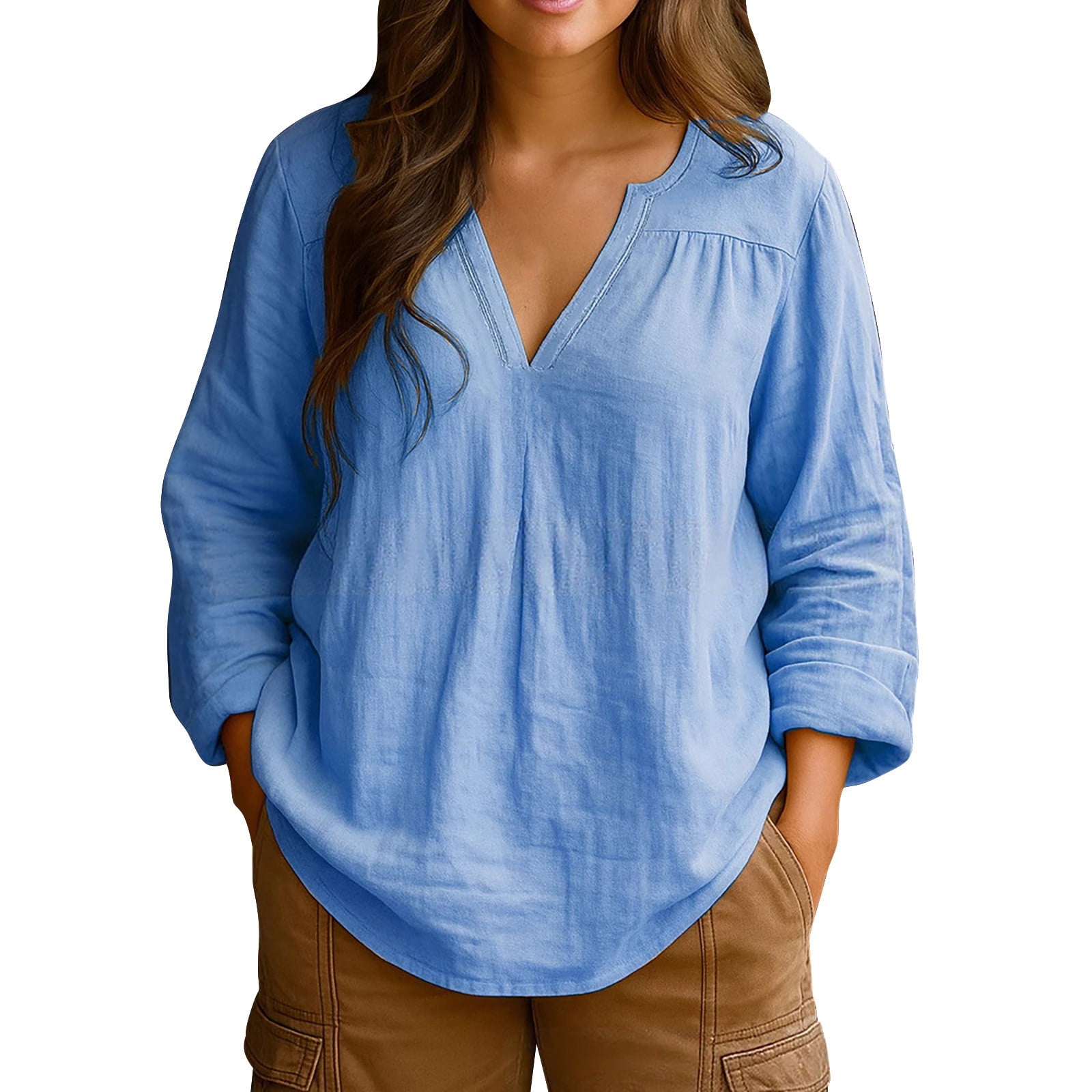 Pxiakgy Cotton Linen Shirts for Women Casual Oversized Retro V Neck ...