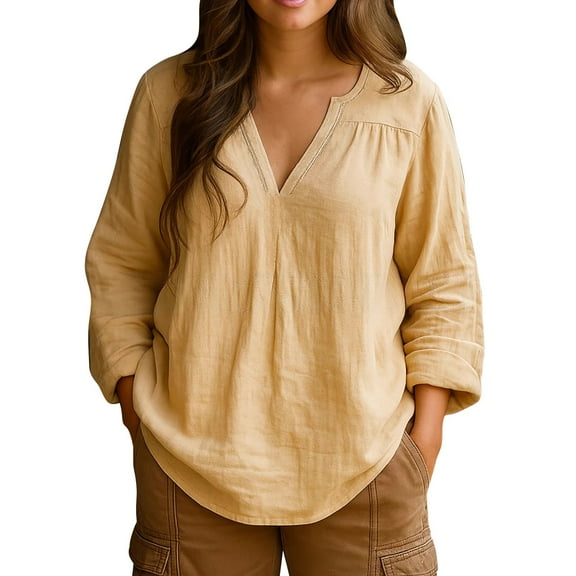 Pxiakgy Cotton Linen Shirts for Women Casual Oversized Retro V Neck Pullover Shirt Comfy Long Sleeve Tunic Top Blouse Casual Loose Cotton Linen Solid Color Retro V Neck Pullover Shirt Orange L