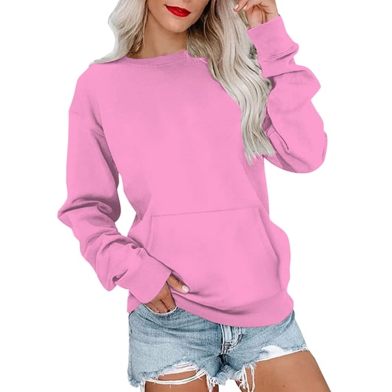 Pxiakgy Crewneck Sweatshirts Women Long Sleeve Crew Neck Sweatshirt Trendy Casual Pullover Tops Fall Winter Outfits 2025 Women's Casual Solid Color Round Neck Pocket Long Sleeve Top Sweatshirt Pink M