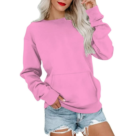 Pxiakgy Crewneck Sweatshirts Women Long Sleeve Crew Neck Sweatshirt Trendy Casual Pullover Tops Fall Winter Outfits 2025 Women's Casual Solid Color Round Neck Pocket Long Sleeve Top Sweatshirt Pink M