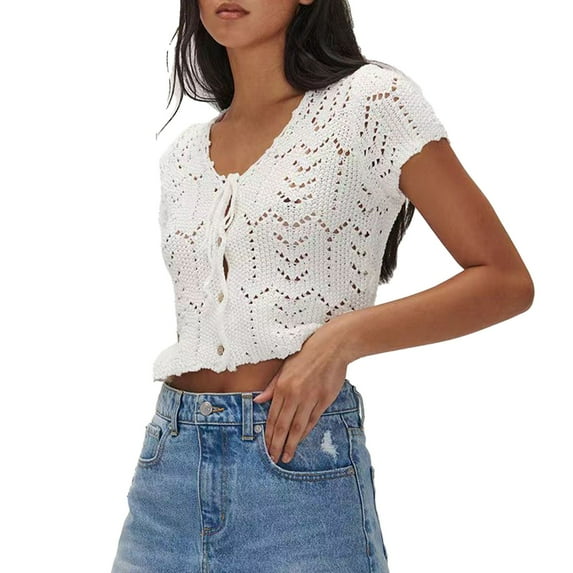 Pxiakgy Crochet Front Tie Tops for Women Y2K Short Sleeve Knit Tees Hollow Out Button Down Hollow Out Shirts 2025 Beach Tops Summer Vest Hollow Out Button Down Shirts Crop Tops Fashion Tee White S
