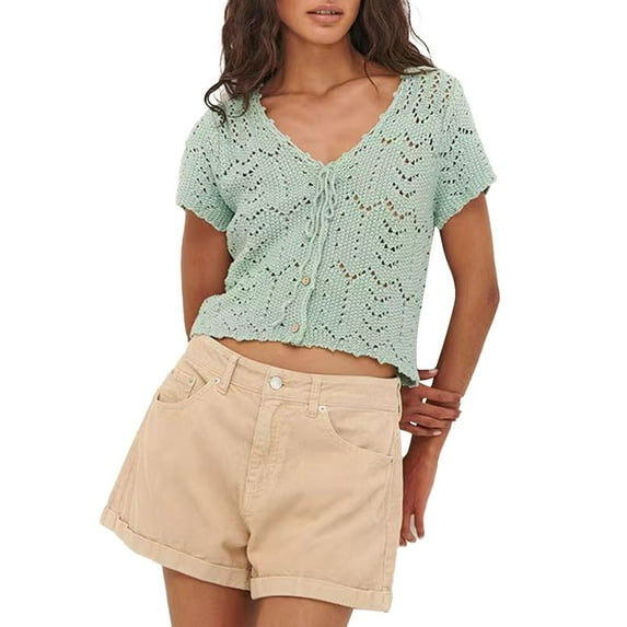Pxiakgy Crochet Front Tie Tops for Women Y2K Short Sleeve Knit Tees Hollow Out Button Down Hollow Out Shirts 2025 Beach Tops Summer Vest Hollow Out Button Down Shirts Crop Tops Fashion Tee C M