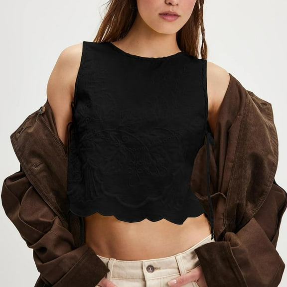 Pxiakgy Crop Tank Tops for Women Embroidery Flower Tank Tops for Women Y2K Sleeveless Square Neck Tie Up Cropped Vest Summer Chic Going Out Blouse Going Out Tops Workout Camis Shirts Black S