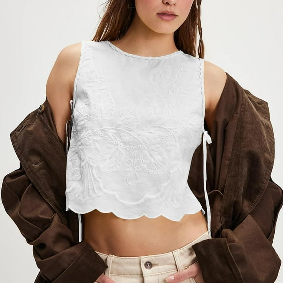 Pxiakgy Crop Tank Tops for Women Embroidery Flower Tank Tops for Women Y2K Sleeveless Square Neck Tie Up Cropped Vest Summer Chic Going Out Blouse Going Out Tops Workout Camis Shirts White M