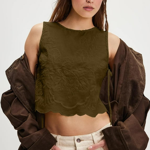 Pxiakgy Crop Tank Tops for Women Embroidery Flower Tank Tops for Women Y2K Sleeveless Square Neck Tie Up Cropped Vest Summer Chic Going Out Blouse Going Out Tops Workout Camis Shirts Brown M