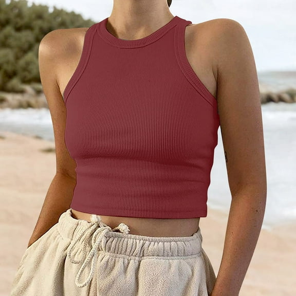 Pxiakgy Crop Tank Tops for Women Sleeveless Color Tops Solid Women's Tank Short Round Neck Vest Women's Blouse Going Out Tops Workout Camis Shirts Rd3 M