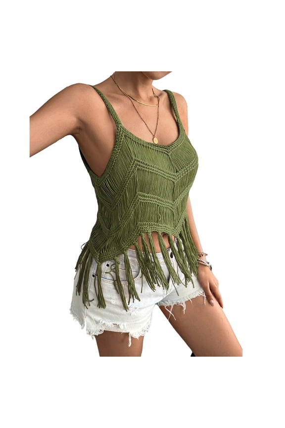 Crop Tank Tops for Women Women‘S Fringe Western Tassel Tank Tops Sleeveless V Neck Crochet Crop Top Boho Knitted Spaghetti Straps Vest Going Out Tops Workout Camis Shirts Green L