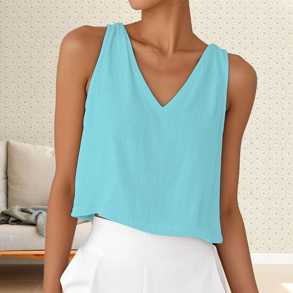 Pxiakgy Crop Tank Tops for Women Women's Round Neck Solid Color Loose Cotton And Linen Knitted Vest Going Out Tops Workout Camis Shirts Blue L