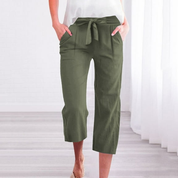 Pxiakgy Cropped Linen Pants Women Cotton Linen Summer 2025 Straight Wide Leg Loose Elastic Waist Cropped Trouser High Elastic Waist Linen Capri Pants Drawstring Causal Palazzo Trousers