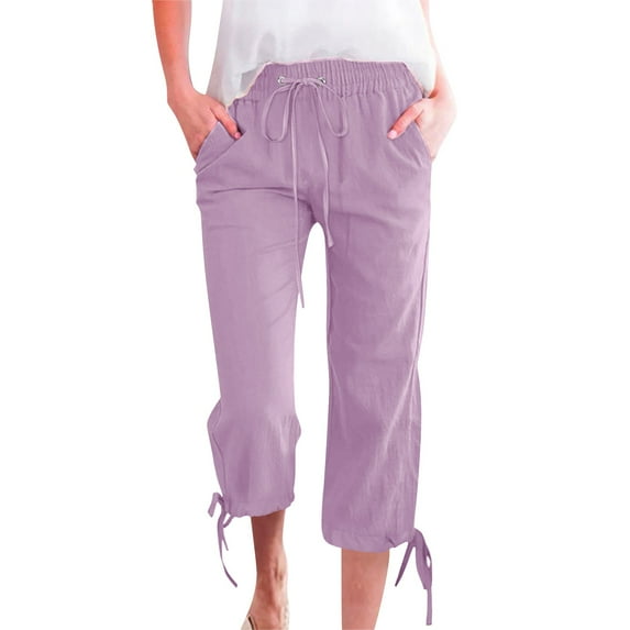 Pxiakgy Cropped Linen Pants Women Women Fashion Solid Color Cotton Elastic Long Pants Beach Leisure Trousers Linen High Elastic Waist Linen Capri Pants Drawstring Causal Palazzo Trousers Purple 3Xl