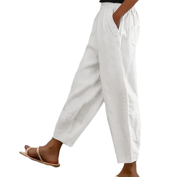Pxiakgy Cropped Pants for Women Pocket Cotton Linen Fashion Solid Color Pants Casual Long Pants White 3Xl