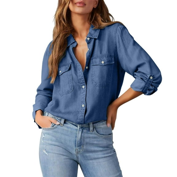 Pxiakgy Denim Shirt for Women Button Up Western Shirt Trendy Long Sleeve Collared Jean Jacket Womens Business Casual Blouses Solid Color Collar Single Breasted Long Sleeve Denim Shirt Dark Blue Xxl