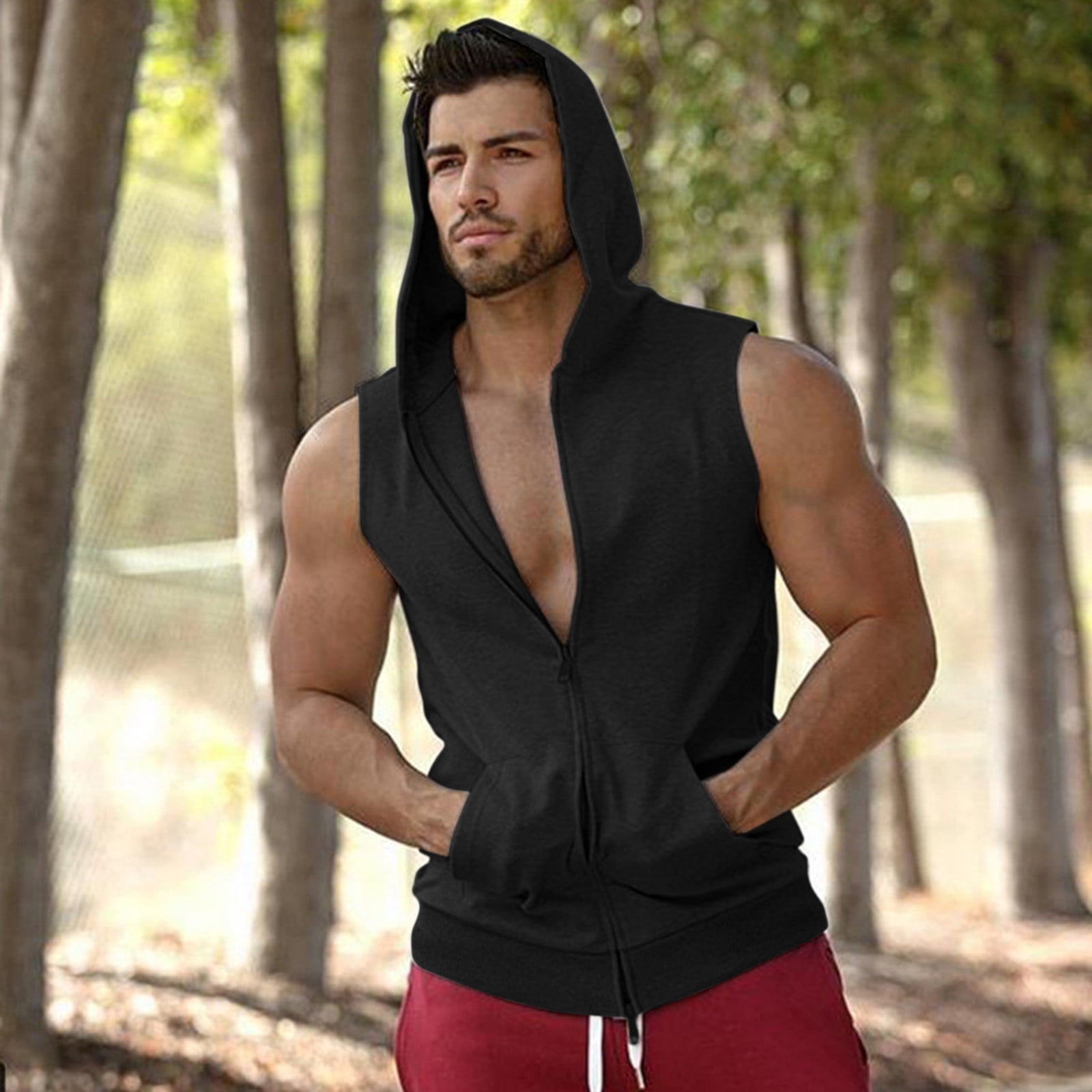 Pxiakgy Double Tank Men's Fitness Top Hooded Sleeveless Zipper Blouse ...