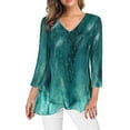 thumbnail image 1 of Pxiakgy Dressy Tops for Women Women's Casual Solid Tops Print V Neck Irregular Long Sleeve T Shirt Blouses 3/4 Sleeve Tunic Tops Asymmetric Hem Blouses Lightweight Mesh Shirt Flowy Work Shirts Green M, 1 of 5