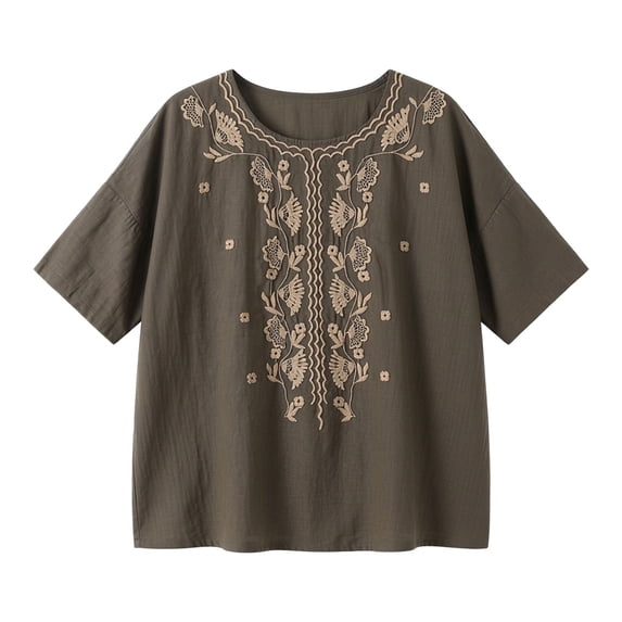 Pxiakgy Embroidered Boho Tops for Women Loose Fit Blouses 3/4 Length Sleeve Womens Tops Bohemian Tops Mexican Shirts 3/4 Length Sleeve Shirts Retro Embroidered 3/4 Sleeve Boho Tops Loose Tunics Top M