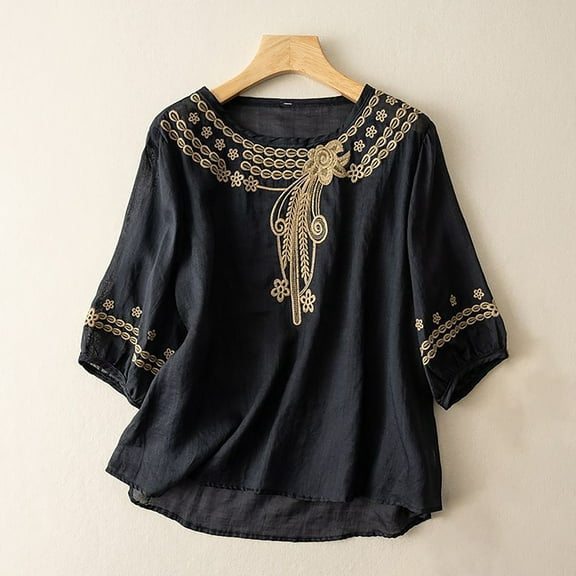 Pxiakgy Embroidered Tops for Women 3/4 Length Sleeve Womens Tops Bohemian Tops Travel Vacation Summer Tops for Women Boho Shirts Breathable Peasant Tops Loose Tunics Top 3/4 Length Sleeve Shirts L