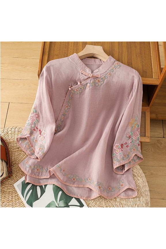Embroidered Tops for Women 3/4 Length Sleeve Womens Tops Loose Tunics Top Retro Embroidered 3/4 Sleeve Boho Tops Boho Shirts Loose Fit Blouses Fashion Clothes Dressy Casual Blouses 3XL