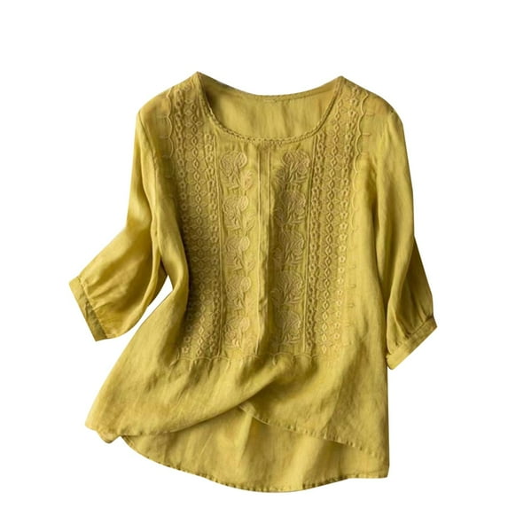 Pxiakgy Embroidered Tops for Women Cotton Linen Tops Boho Tunic Top Festival Casual Loose T Shirt Half Sleeve Top Elbow Length Blouses Summer Round Neck Cotton and Dandelion Print T Shirt Yellow Xl