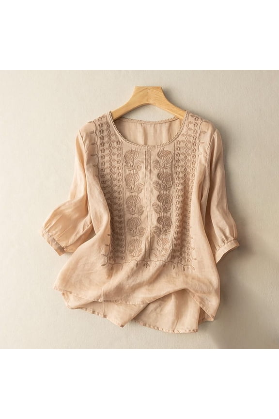 Embroidered Tops for Women Lightweight Pullover Shirt Bohemian Tops Solid Color Pullover Shirts Retro Embroidered 3/4 Sleeve Boho Tops Summer Gauze Shirts 3/4 Length Sleeve Shirts 2XL